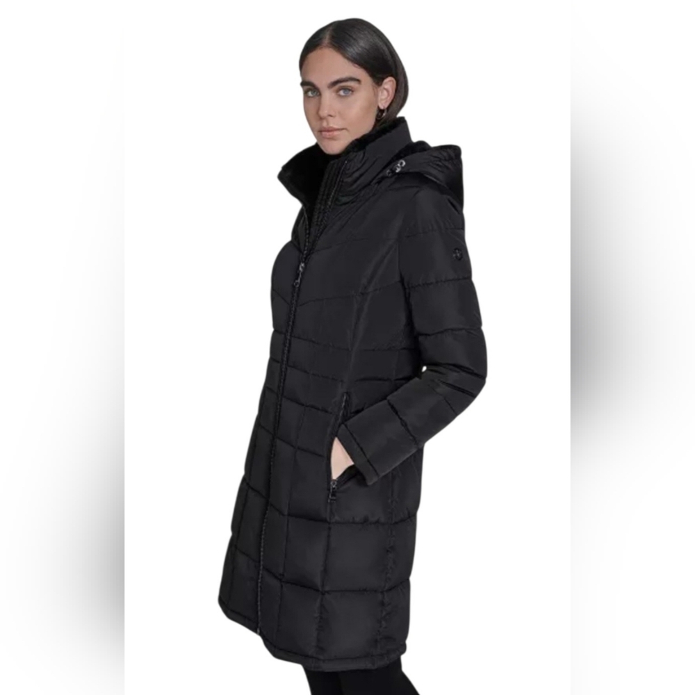 Women Calvin Klein Hooded Stand Collar Long Puffer Coat Black Medium MSRP $285 - Picture 6 of 16